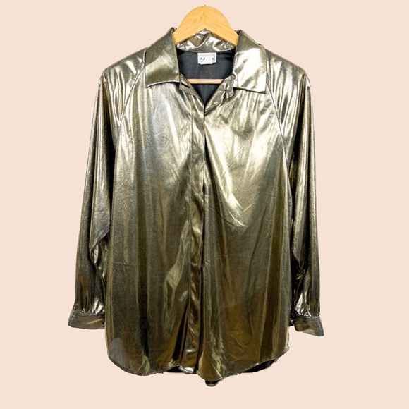 Vintage 80s liquid gold disco button down wet look blouse top size medium - Picture 1 of 6
